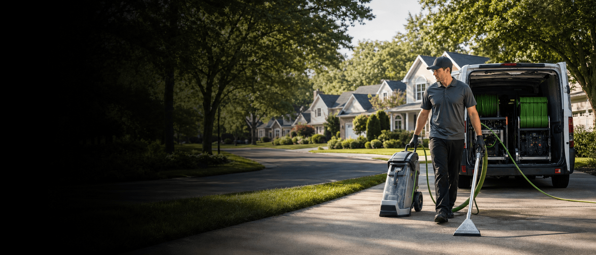 Carpet cleaning technician unloading professional equipment in a suburban neighborhood